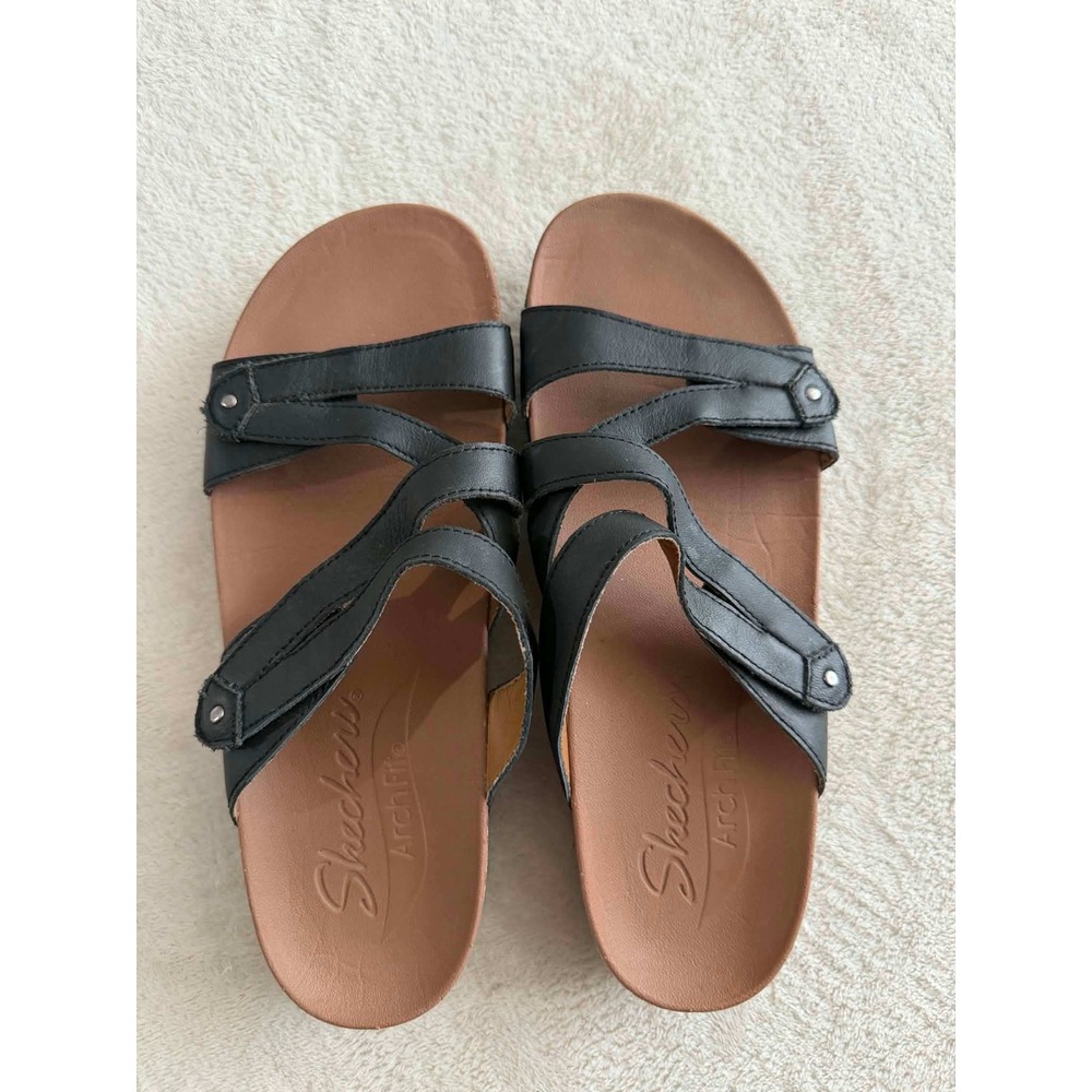 Skechers Womens 9 Black Sandals Arch Fit Leather Strappy Slide 119856